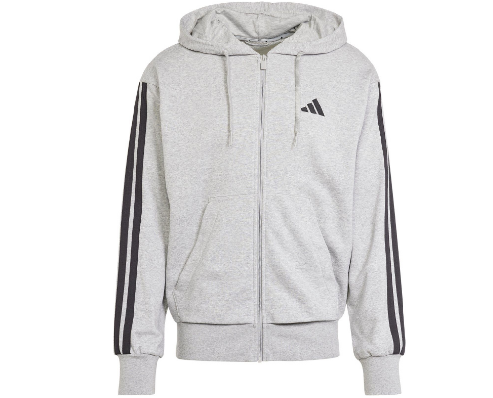 Adidas Herren Essentials 3 Streifen French Terry Feizeitjacke Kapuzenjacke grau schwarz